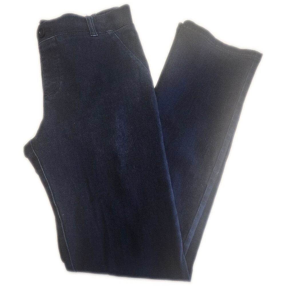 Betabrand Denim: Dark Blue Wash. Straight Leg, Pull On Waist Jeans. LTall